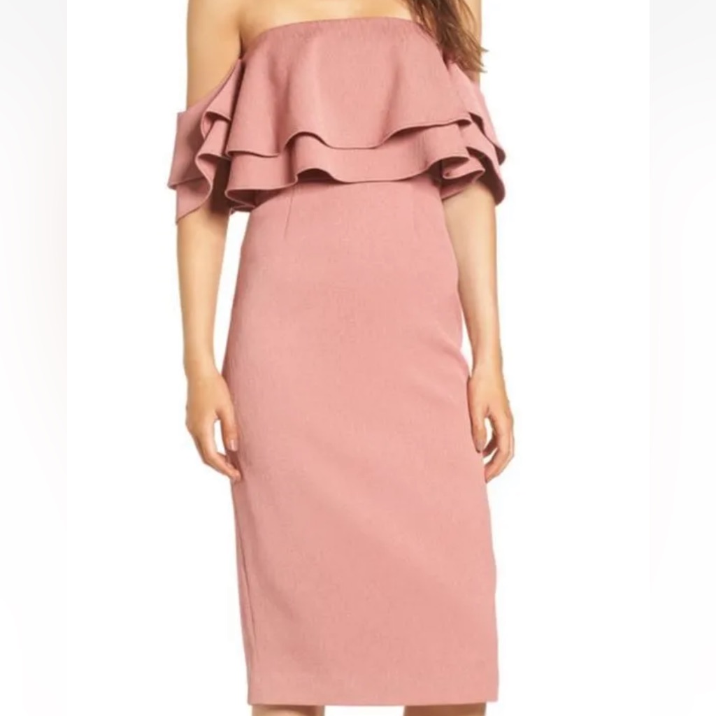 Keepsake No Reason Off-The-Shoulder Ruffle Sheath Dress